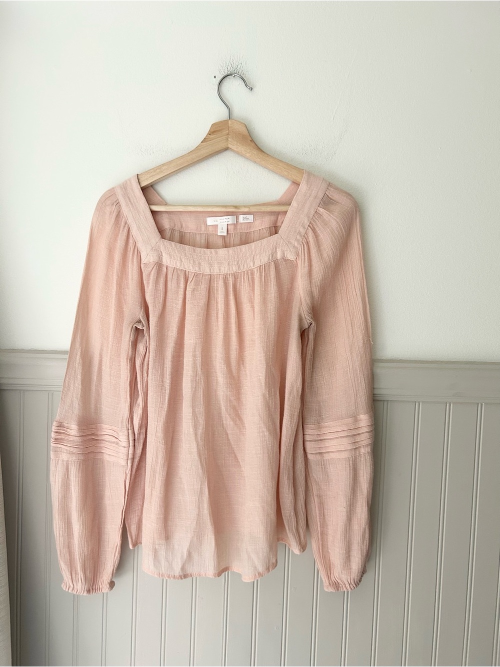 LC Lauren Conrad Small Blush Pink Square Neck Peasant Blouse Pintuck Sleeve Top